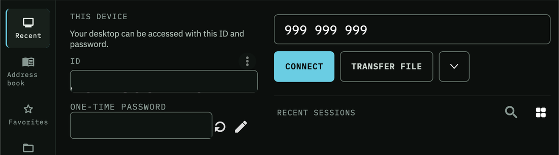 The TZX Desk client. On the left, a This Device panel showing the machine's own ID and a one-time password. On the right, a field holding a nine-digit device ID with Connect and Transfer File buttons, and a Recent Sessions list.